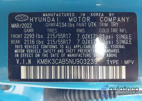 2022 Hyundai Kona Sel z USA, uszkodzony, nr VIN KM8K3CAB5NU903239